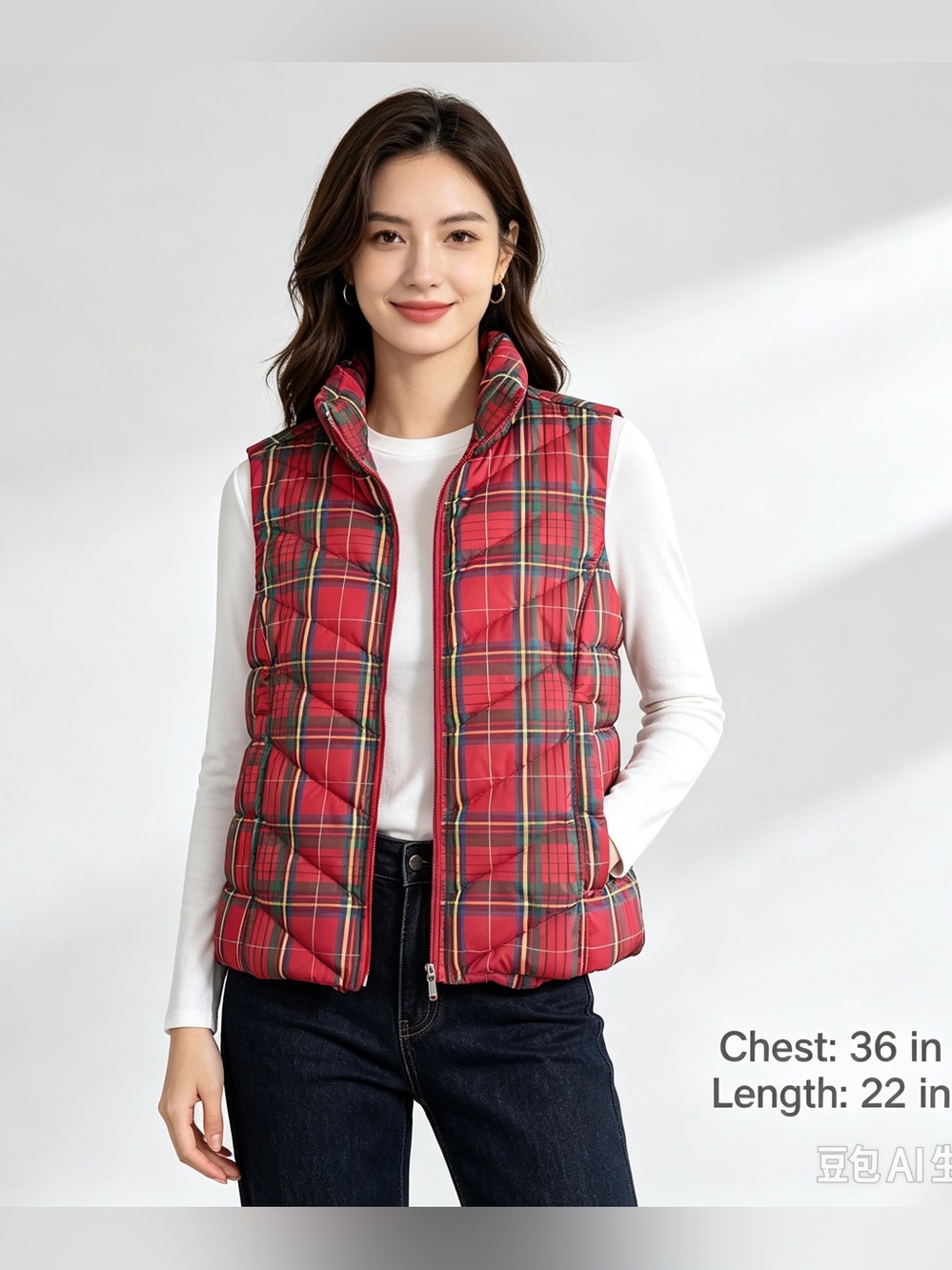 Lands' End Women's XS/P Red Plaid 80% Down Quilted Puffer Vest Full Zip Collared
